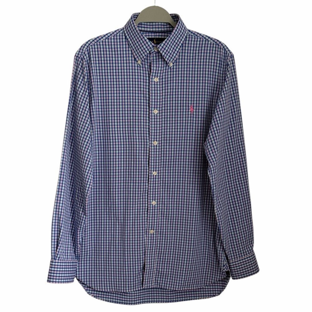 Ralph Lauren Performance Shirt Mens M Blue Plaid Stretch Pink Pony Logo